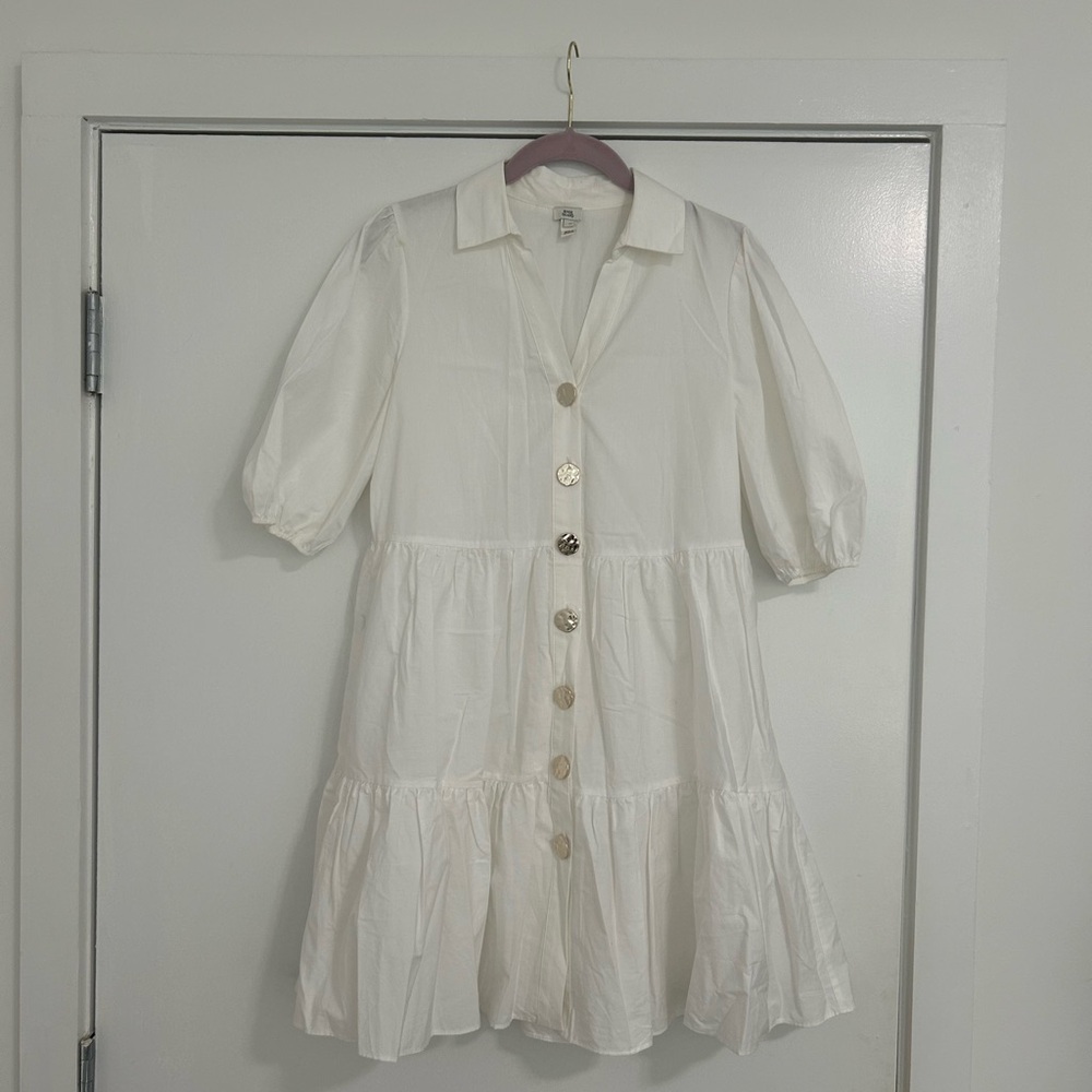River Island Women’s Volume Smock Tiered Mini Shirt Dress, White, Size 6